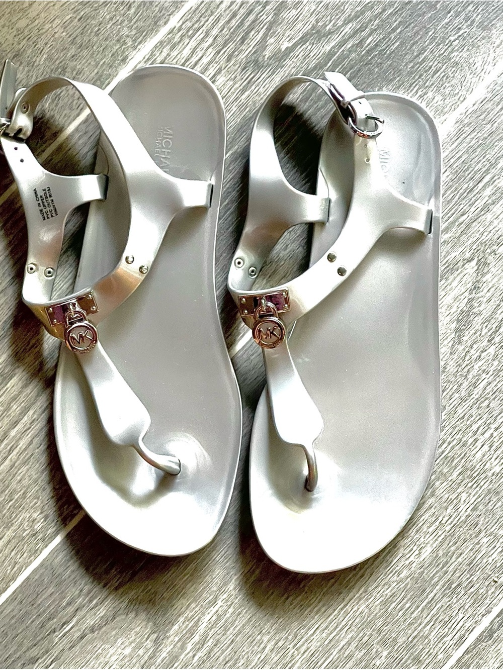 Michael Kors Metallic Silver MK Logo Thong Sandals